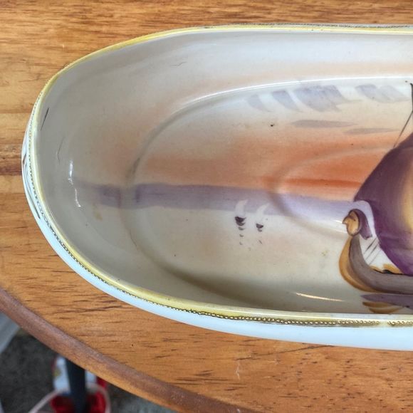 Nippon 12" Porcelain Hand Painted Canoe Shaped Dish / Tray - Picture 5 of 11